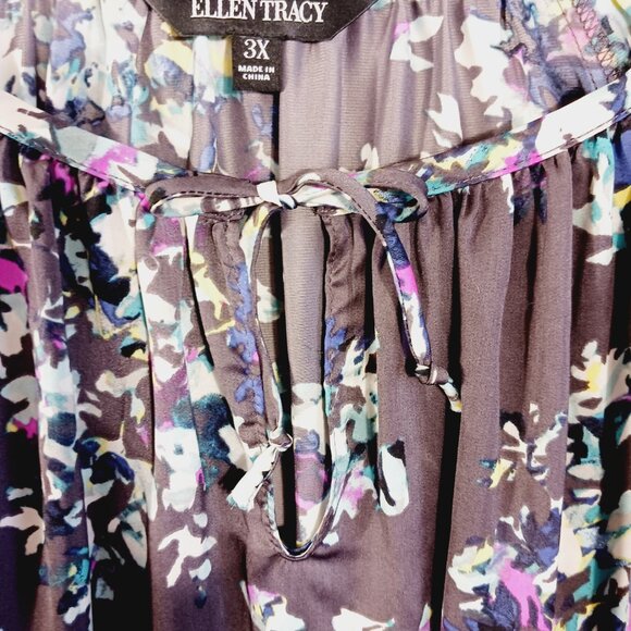 Ellen Tracy, 3X Top, Gray w/ Abstract Floral Print, Long Sleeve, Flowy Full Cut - Picture 5 of 14